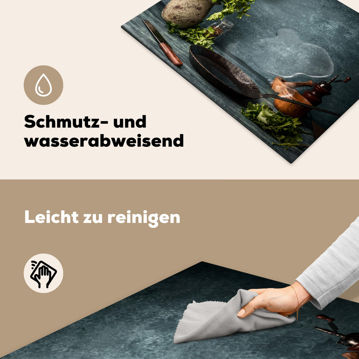 HERDABDECKPLATTE Kräuter - Gewürze - Pfanne - Messer - Grau - Rustikal 71x52 cm - Petrol, Kunststoff (71/0.2/52cm) - MuchoWow
