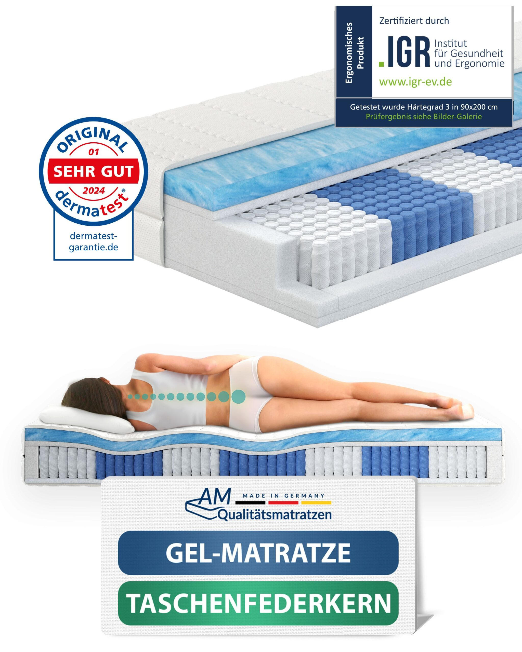 GEL TASCHENFEDERKERNMATRATZE 1000 Federn 200/200 cm H3 - 24cm Höhe & Tencel Bezug - Weiß, Textil (200/200cm) - AM Qualitätsmatratzen