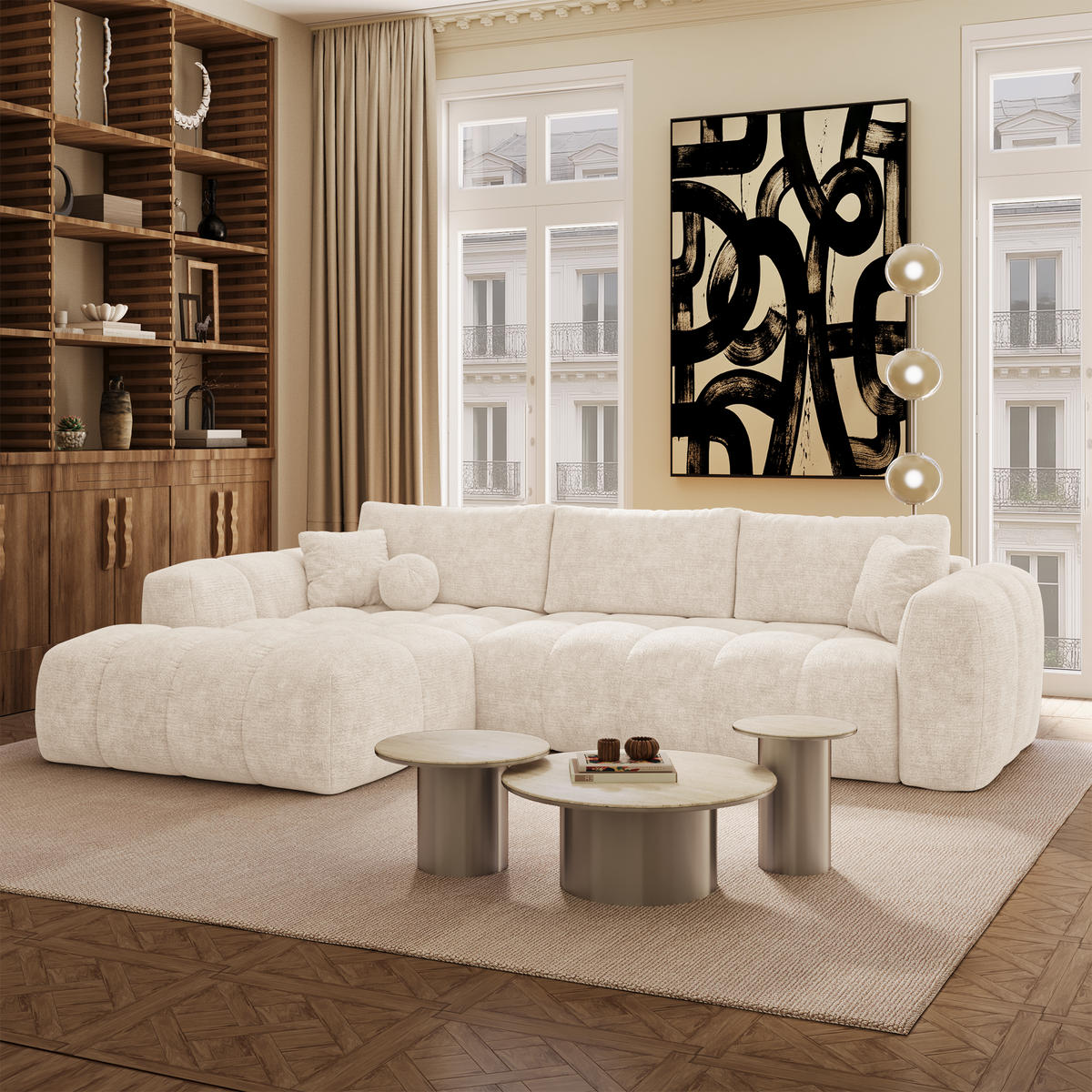 LINKSECK-SCHLAFSOFA mit Stauraum SKY Geprägter Samt Creme 310cm - Creme, Textil (310/180cm) - Premium Interiors