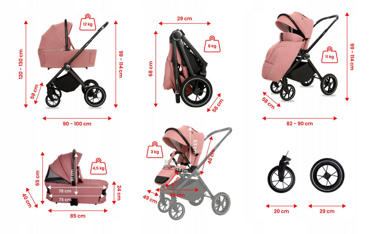 KINDERWAGEN Gavia 3in1 Olive Babywanne, Buggy Sportsitz, Babyschale I-Size - Schwarz/Rosa, Textil/Metall (58/99cm) - BabyLux