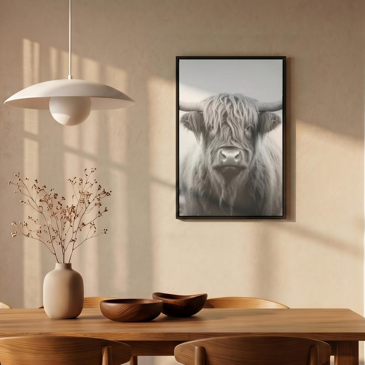 LEINWAND Bilder mit Rahmen - Schottischer Highlander - Nebel - Schwarz - Weiß - 40x60 - Grau, Textil (40/60cm) - MuchoWow