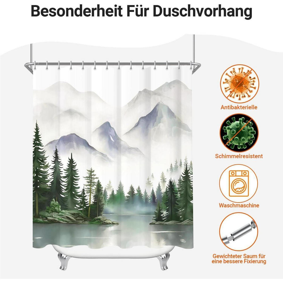 DUSCHVORHANG Berge 180 x 200 cm Wasserabweisend Waschbar Polyester Stoff mit 12 Ringen - Multicolor, Textil (180/200cm)