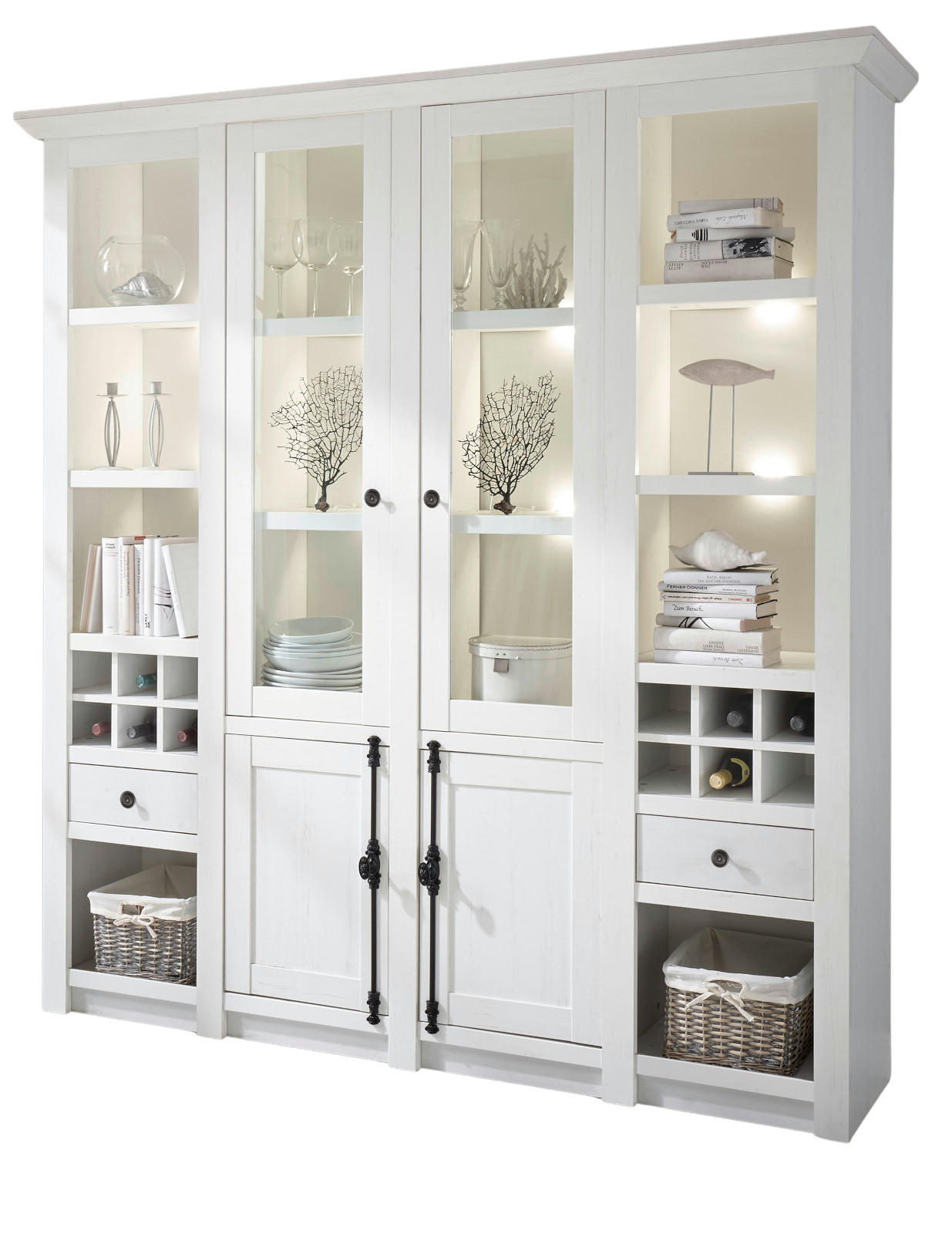 BUFFETSCHRANK weiß Pinie Landhaus, Vitrinenschrank mit Weinregal 194 x 207 cm - Anthrazit/Weiß, Holzwerkstoff/Metall (194/207/45cm) - Furn.Design