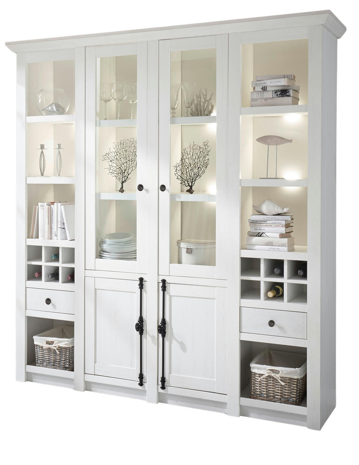 BUFFETSCHRANK weiß Pinie Landhaus, Vitrinenschrank mit Weinregal 194 x 207 cm - Anthrazit/Weiß, Holzwerkstoff/Metall (194/207/45cm) - Furn.Design