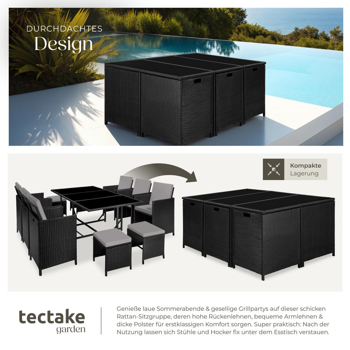 RATTAN SITZGRUPPE Malaga,zusammenschiebbar, inklusive Schutzhülle,schwarz/grau - Schwarz/Grau, Kunststoff - tectake