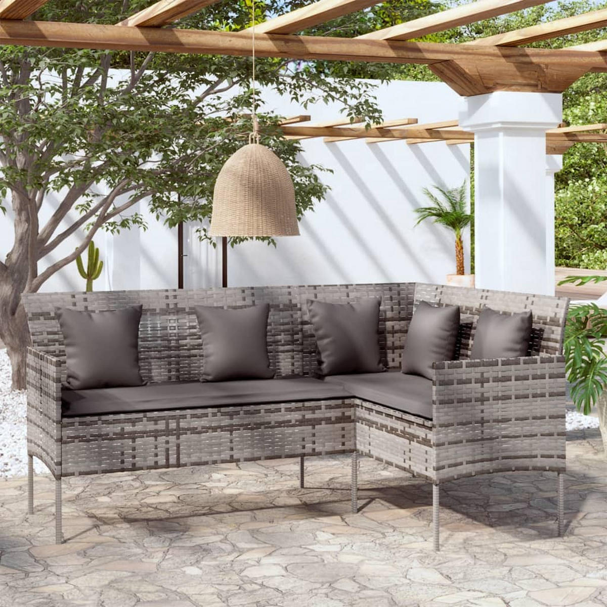 SOFA In L-Form Mit Kissen Poly Rattan Grau - Anthrazit/Grau, Kunststoff/Textil (161.5/80/113cm) - vidaXL