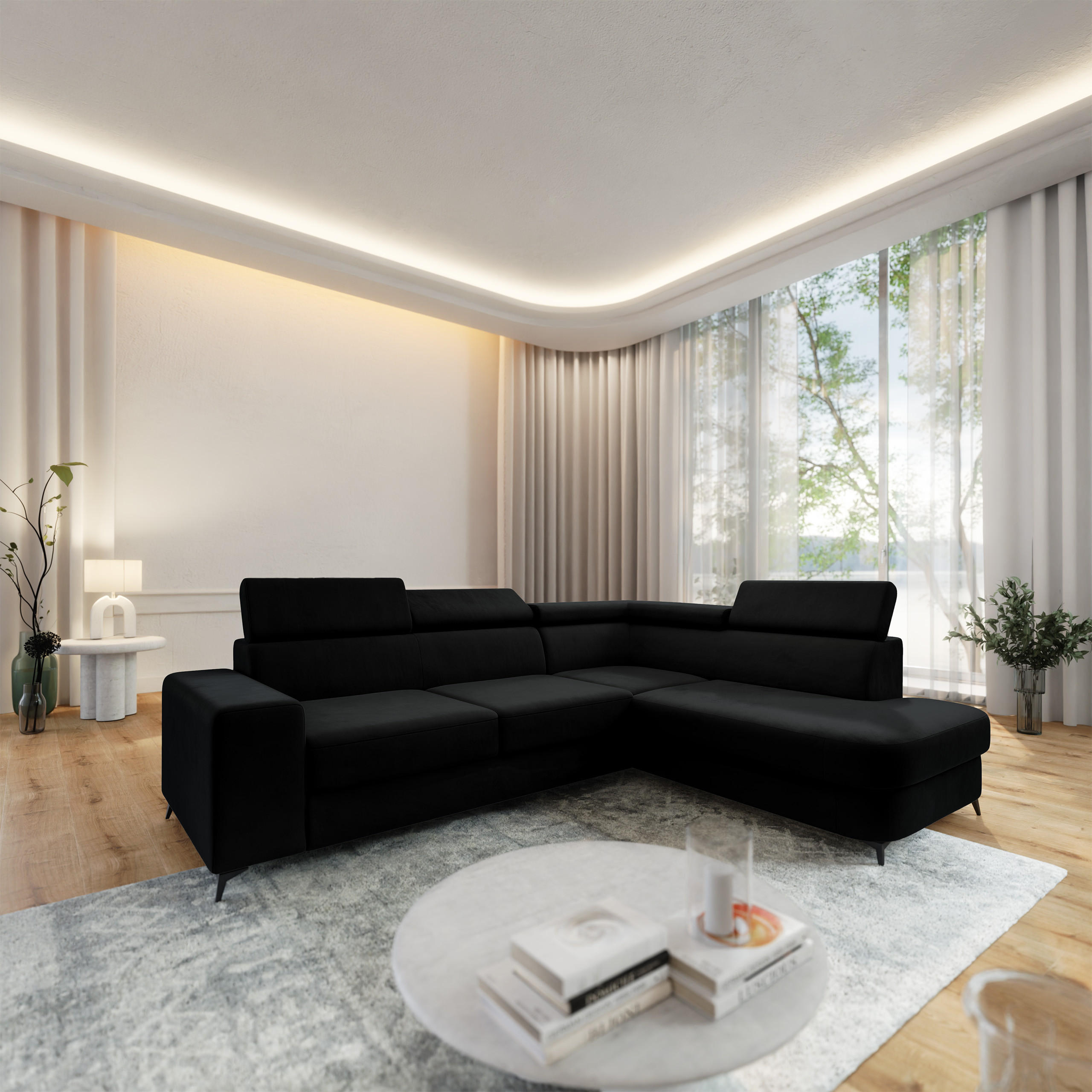 ECKSOFA ALVORO R-S Schwarz Velours-Stoff mit Schlaffunktion - Schwarz, Holz (253/190cm) - MASSENO