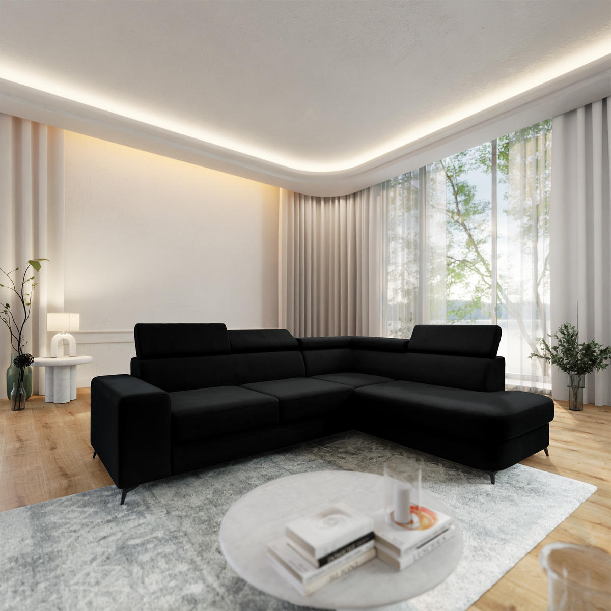 ECKSOFA ALVORO R-S Schwarz Velours-Stoff mit Schlaffunktion - Schwarz, Holz (253/190cm) - MASSENO