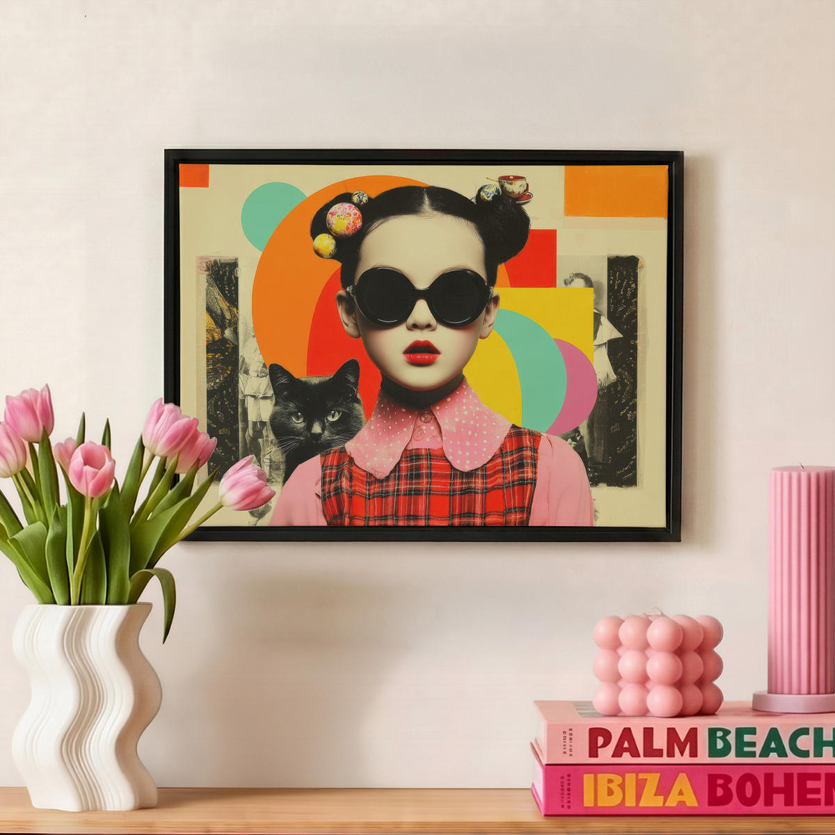 LEINWAND Bilder mit Rahmen - Mädchen - Sonnenbrille - Katze - Retro - 40x30 - Beige, Textil (40/30cm) - MuchoWow