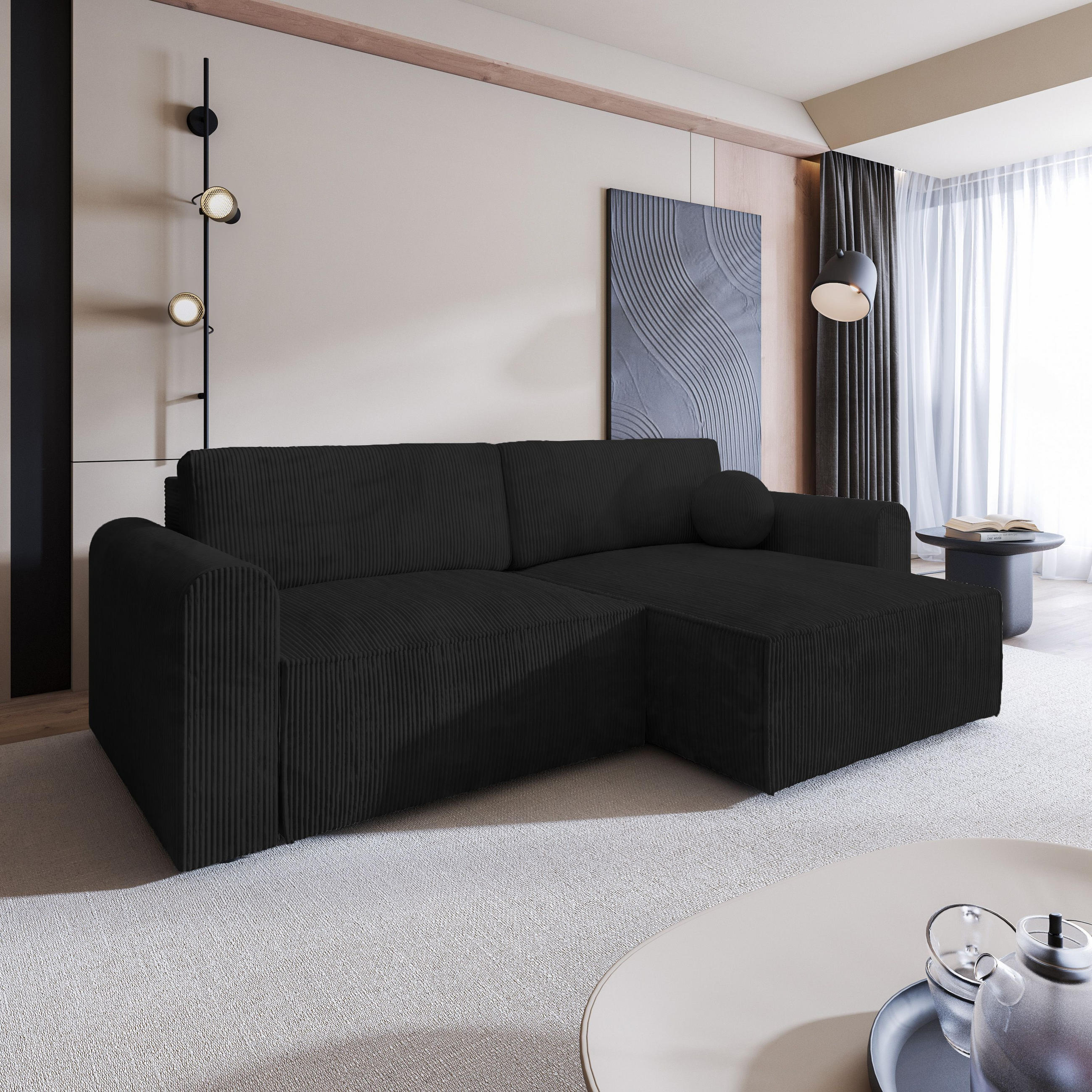 ECKSOFA FIANO P Schwarz Kordstoff mit Schlaffunktion - Schwarz, Holz (245/148cm) - MASSENO