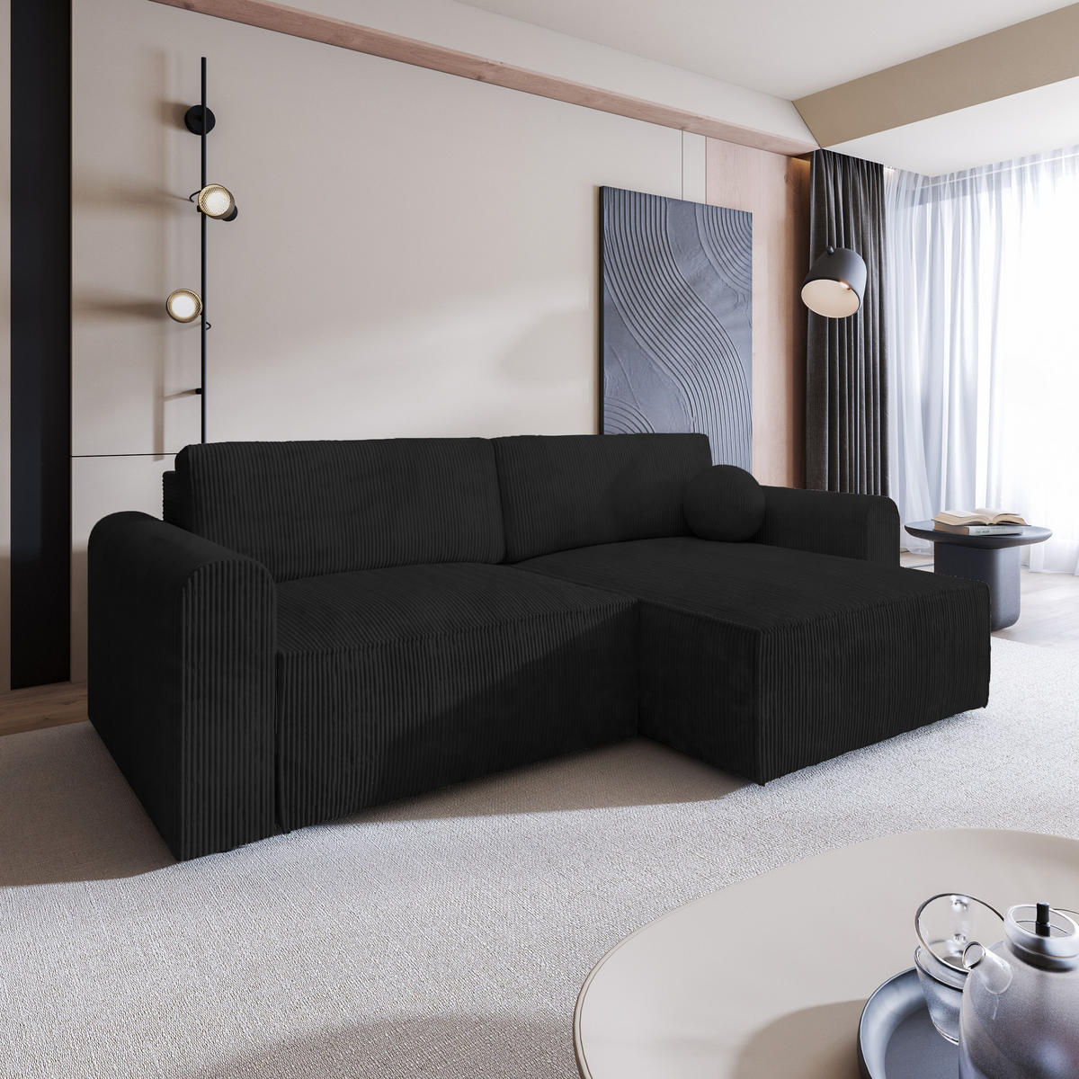 ECKSOFA FIANO P Schwarz Kordstoff mit Schlaffunktion - Schwarz, Holz (245/148cm) - MASSENO