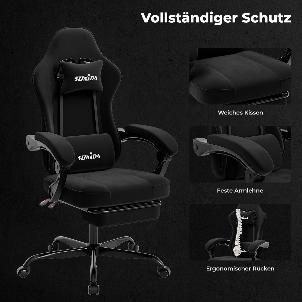 GAMINGSTUHL mit Fußstütze & Lendenkissen Ergonomisch Schwarz - Schwarz, Metall (62.2/180/48.3cm) - Kaket