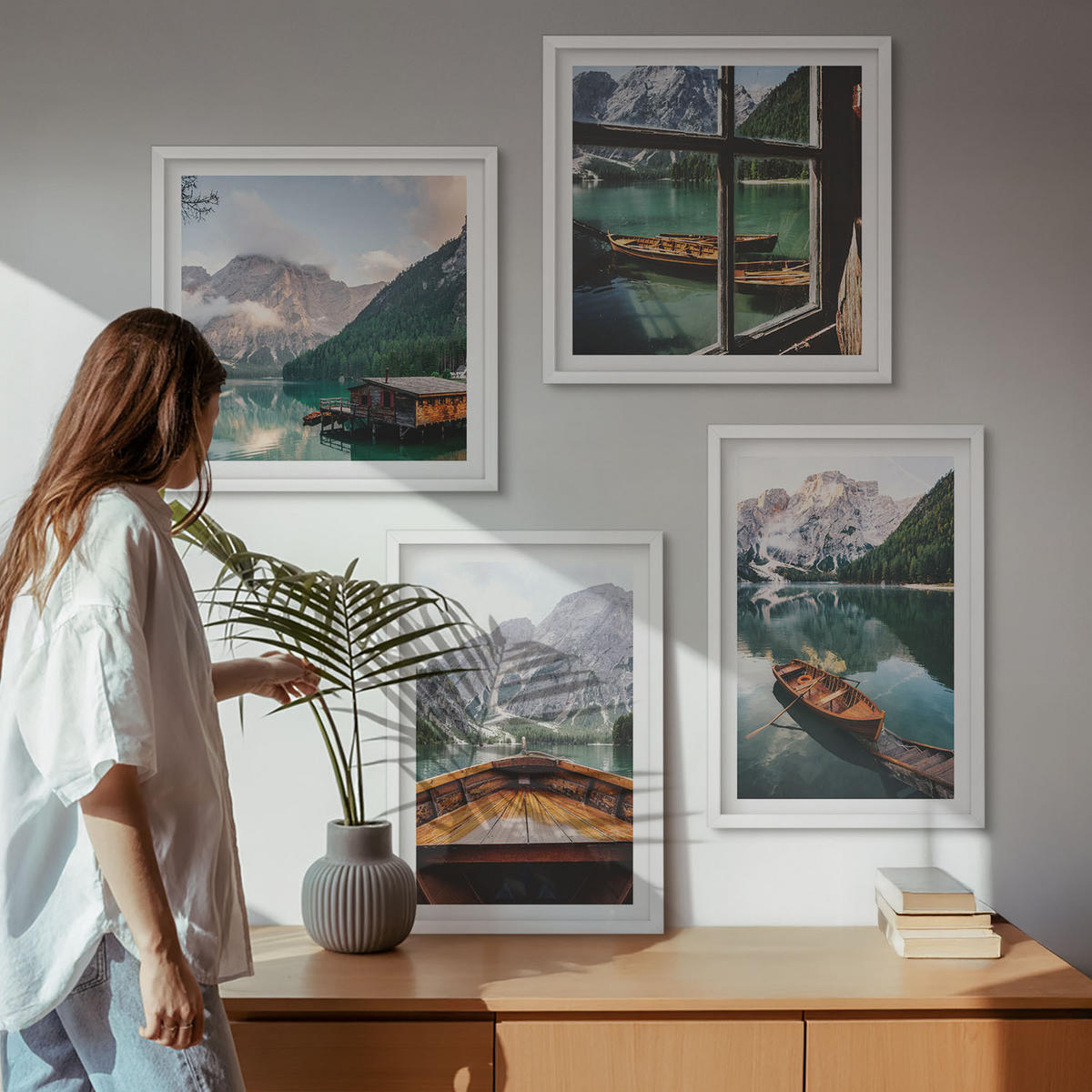 WANDBILDER 4er-Set - 50x50 cm & 40x60 cm Weißer Rahmen - See, Berge, Boote, Hütte, Fenster - Weiß, Kunststoff (50/50cm) - ArtPrintCave