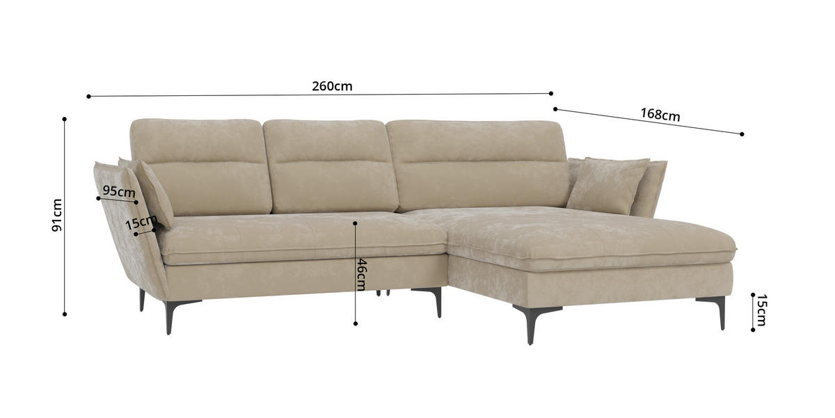 ECKSOFA Mira Beige Samt-Stoff - Beige/Schwarz, Textil/Metall (260/168cm) - S-Style Möbel
