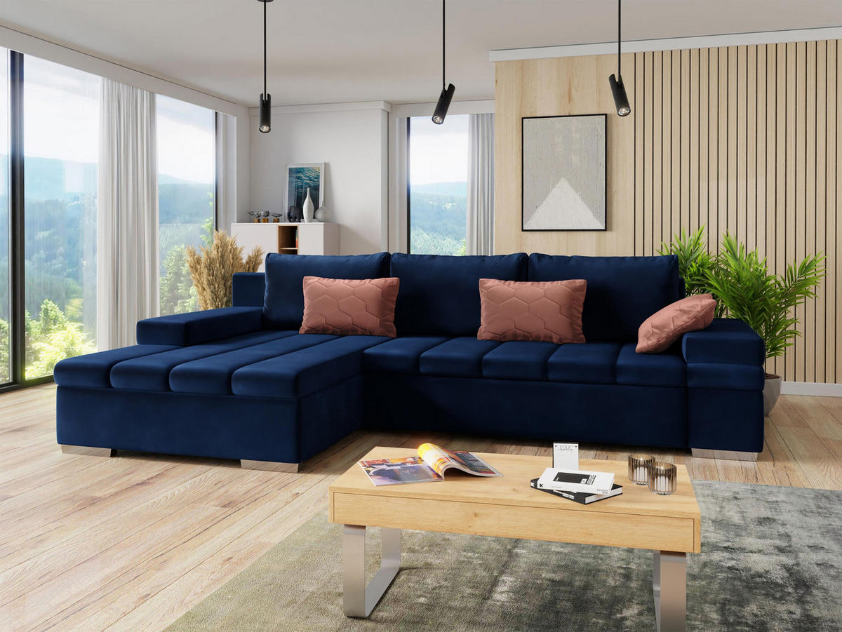 ECKSOFA Bangkok, Seite: Links - Silberfarben/Dunkelblau, Holz/Textil (310/175cm) - MIRJAN24