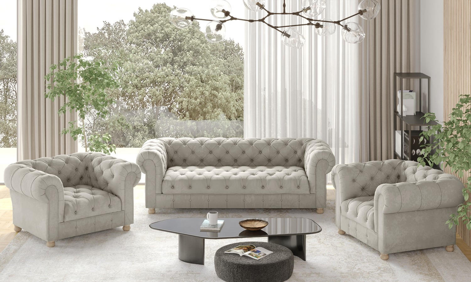 SITZGARNITUR 3+1+1 CHESTERFIELD Elegant Klassisch Schick Stoff Whisper Creme - Creme, Holz (202/77/90cm) - Kaiser Möbel