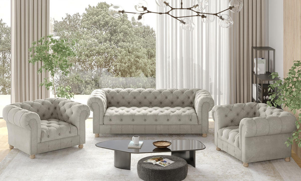 SITZGARNITUR 3+1+1 CHESTERFIELD Elegant Klassisch Schick Stoff Whisper Creme - Creme, Holz (202/77/90cm) - Kaiser Möbel