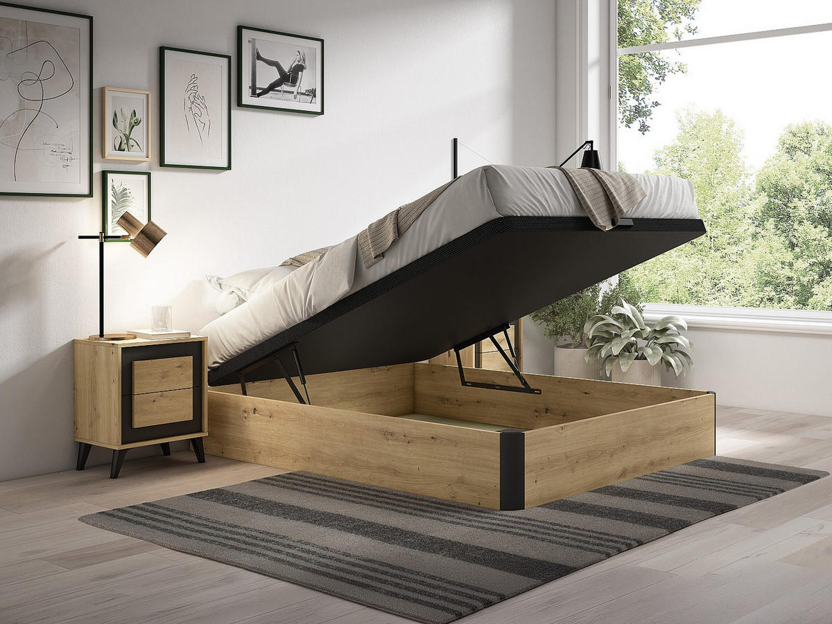 BETTGESTELL mit Bettkasten - 2 Personen - Holz, Platte - Schwarz, Naturfarben Hell - Schwarz/Naturfarben, Holz (140/200cm) - Vente-Unique