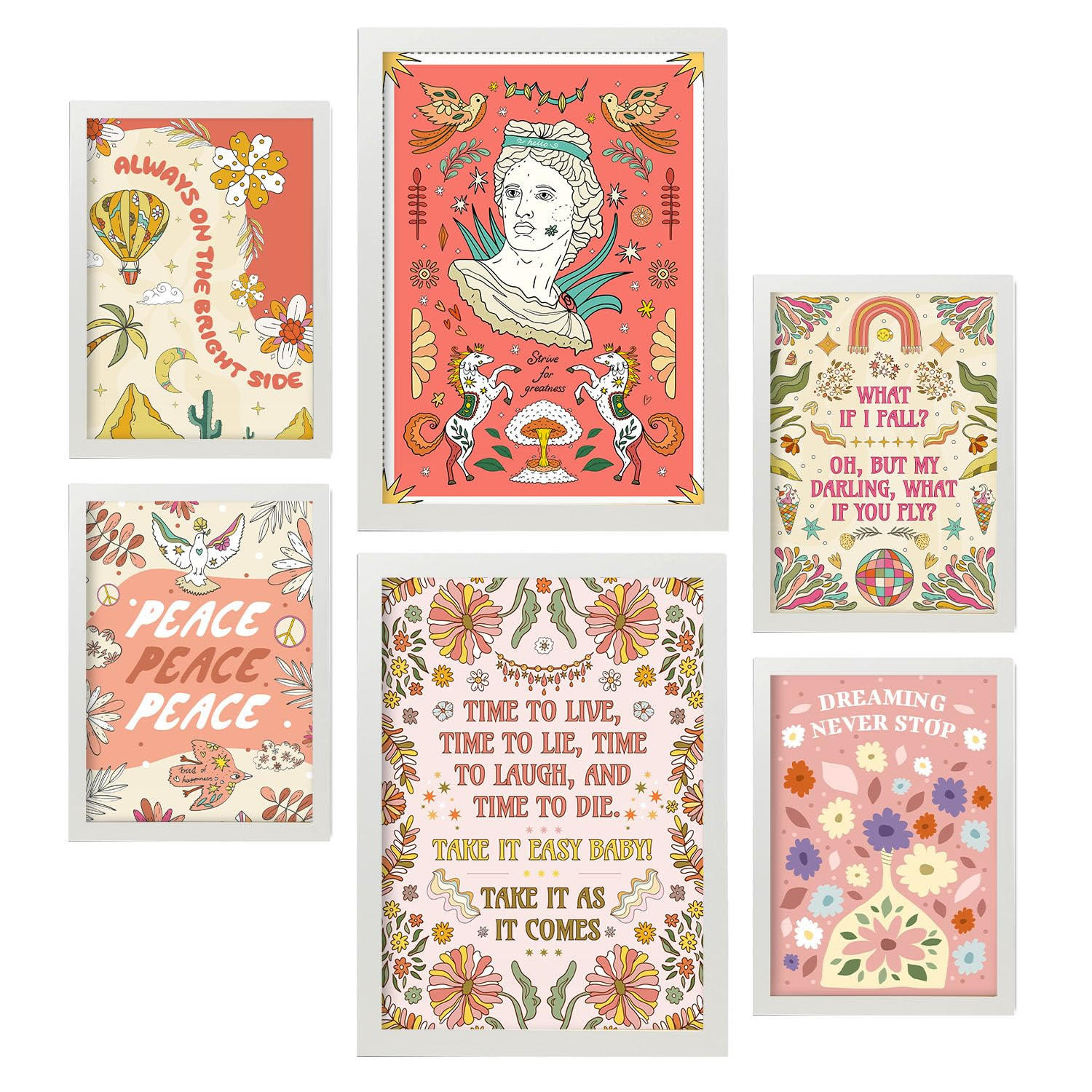 POSTER Set Mit 6 Drucken Von Pink In Brilliant Groovy Style Postersammlung Dekorative Rahmen Für Ihr Zuhause Wandkunstdruck A3 & A4 Weißer Rahmen - Weiß, Papier (29/3cm) - Nacnic