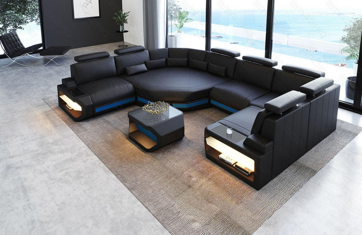 WOHNLANDSCHAFT Asti U Mini - Blau/Schwarz, Leder (352/93/280cm) - Sofa Dreams