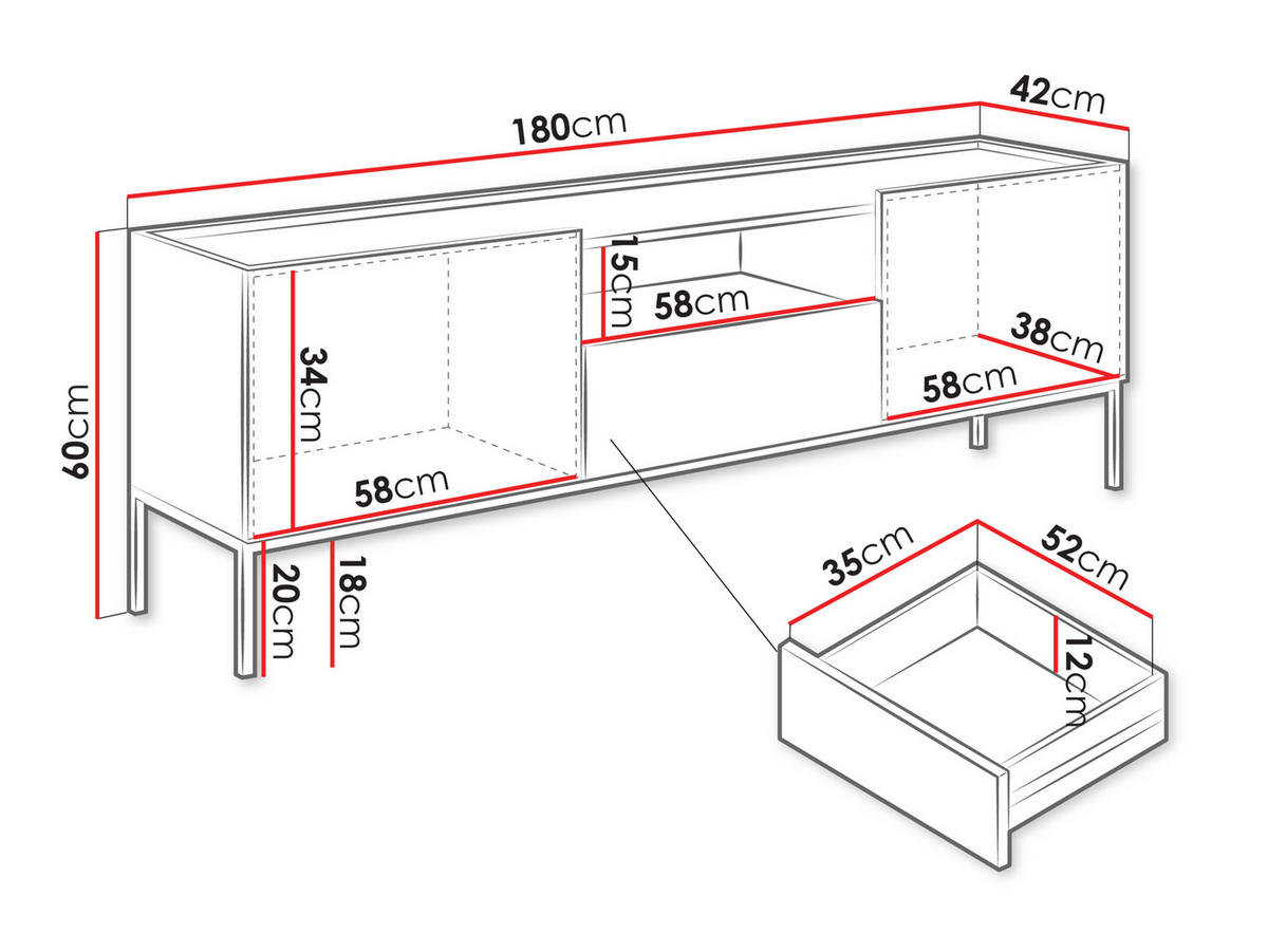 TV-ELEMENT Como 180 2D1SZ - Kaschmir/Schwarz, Holzwerkstoff/Metall (180/60/42cm) - MIRJAN24