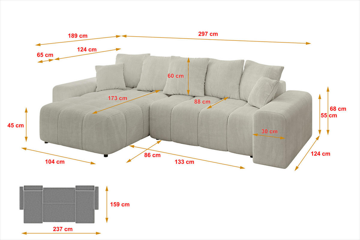 ECKSOFA Ottomane links ENIL-L 297x189x68 Hellgrau Cord - Ecru, Holzwerkstoff/Kunststoff (297/189cm) - ALTDECOR