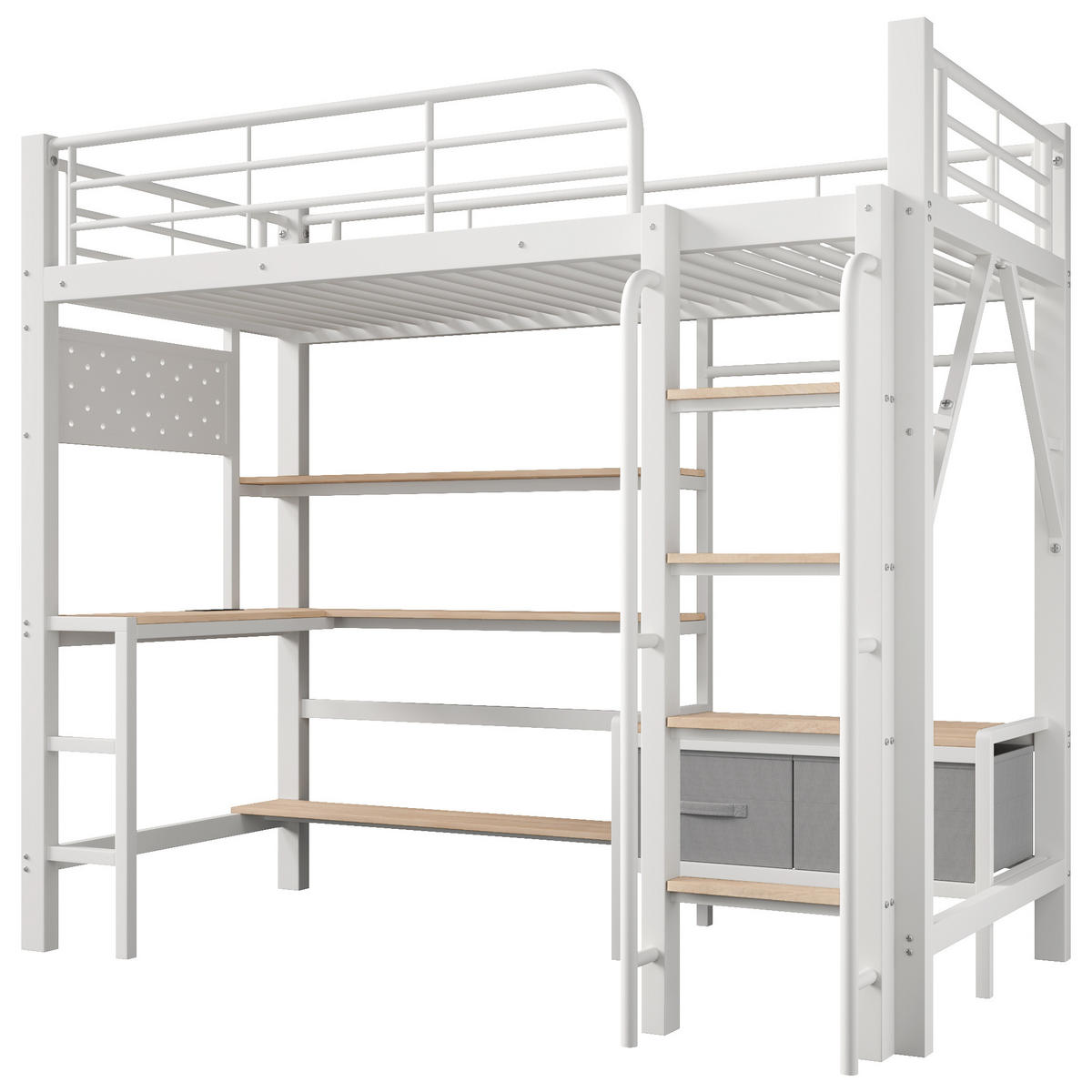 HOCHBETT 90/200 cm mit Eisenrahmen Weiß, Schreibtisch, Lochwand und LED-Licht - Weiß, Metall