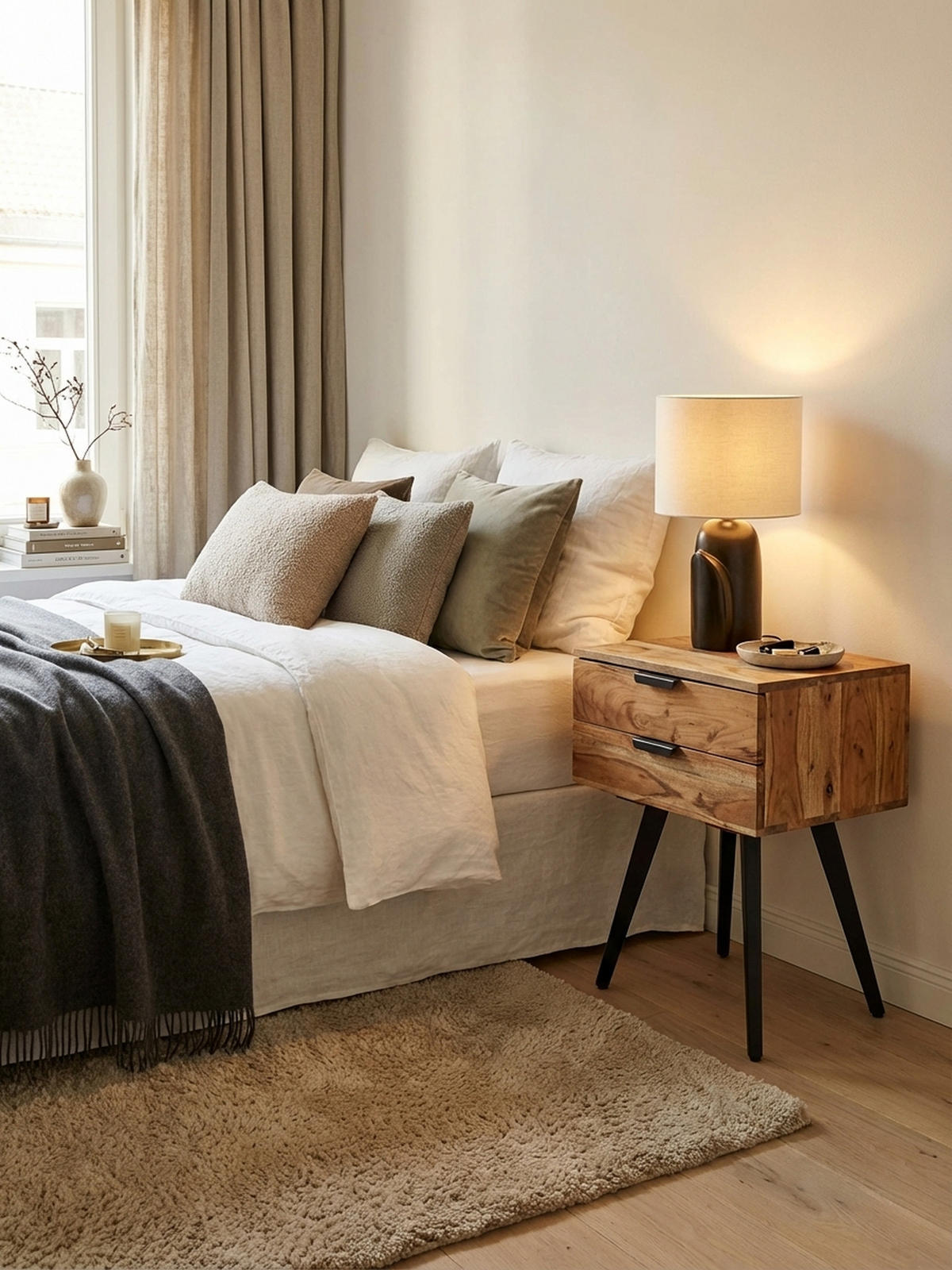 NACHTTISCH – Akazie Massivholz, Industrial-Stil, handmade, braun/grau - Beige/Anthrazit, Holz/Metall (47/65/35cm) - KADIMA DESIGN