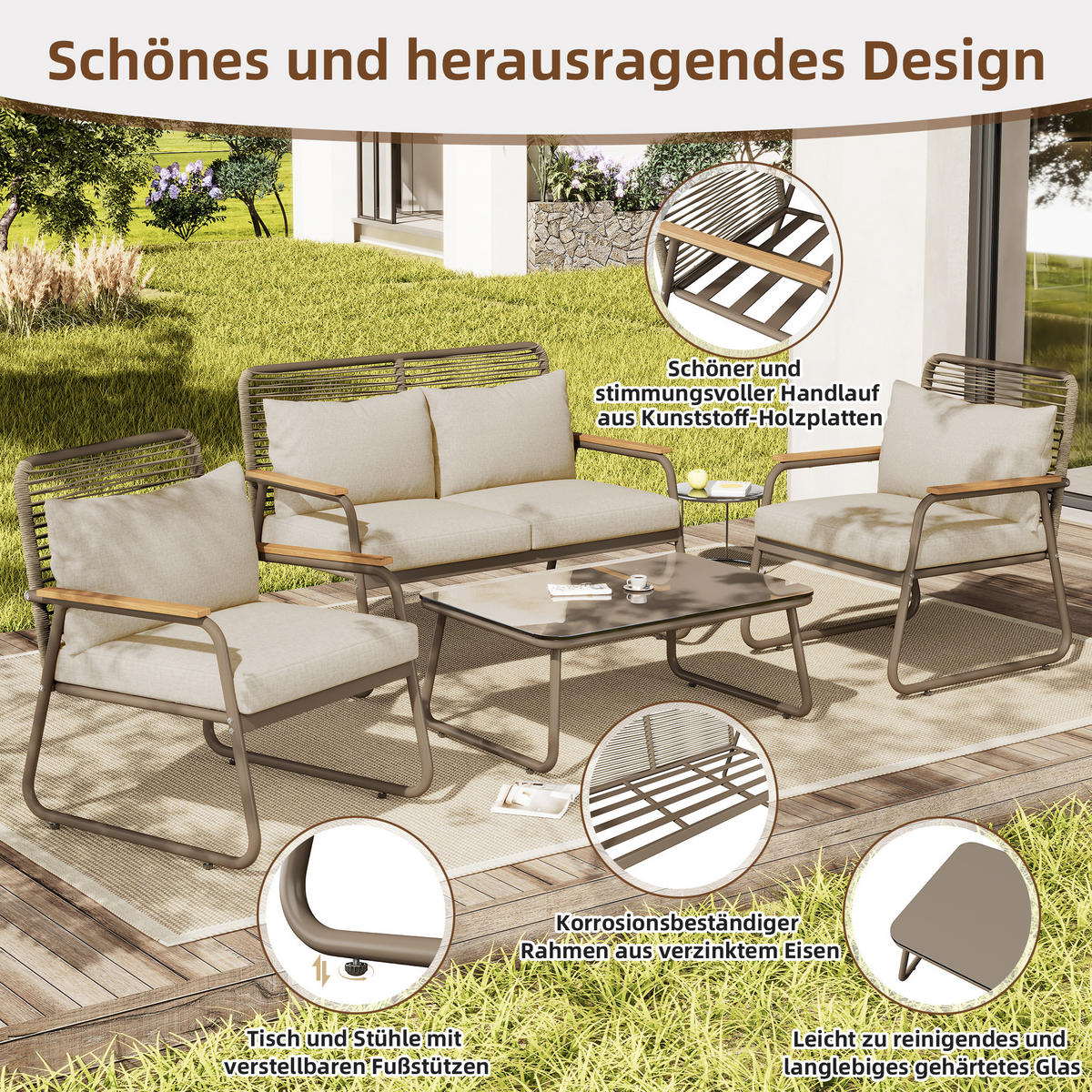 LOUNGESET 4 Personen Beige Mit Verstellbaren Füßen & Glastisch - Beige, Metall - FLIEKS