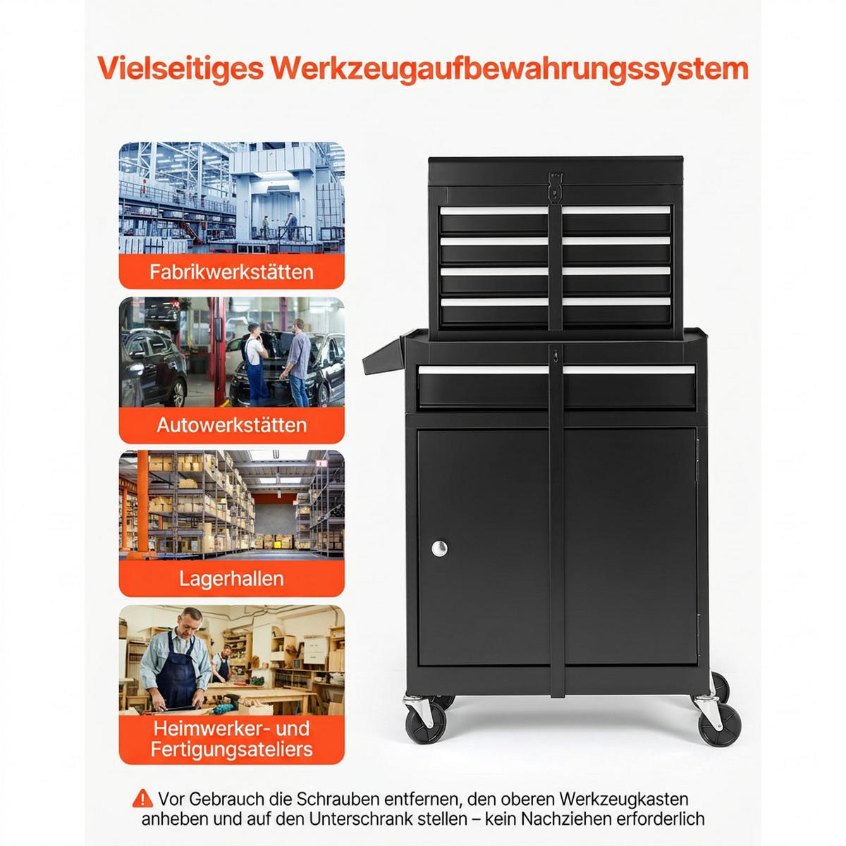 WERKZEUGKOFFER 2-in-1-Werkstattwagen 5 Schubladen Rollbarer Werkzeugschrank Abschließbar - Schwarz, Metall (10/10/10cm) - Raelunyi