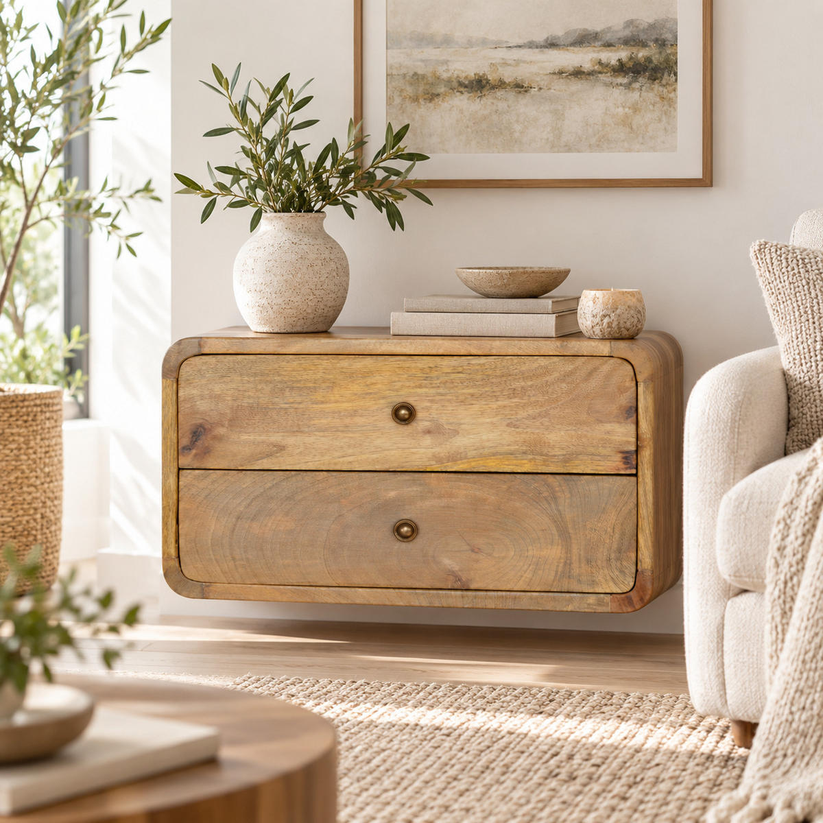 NACHTTISCH mit 2-Schubladen, Wandmontiert, Beige - Messingfarben/Braun, Holz/Metall (45/25/32cm) - Artisan Furniture