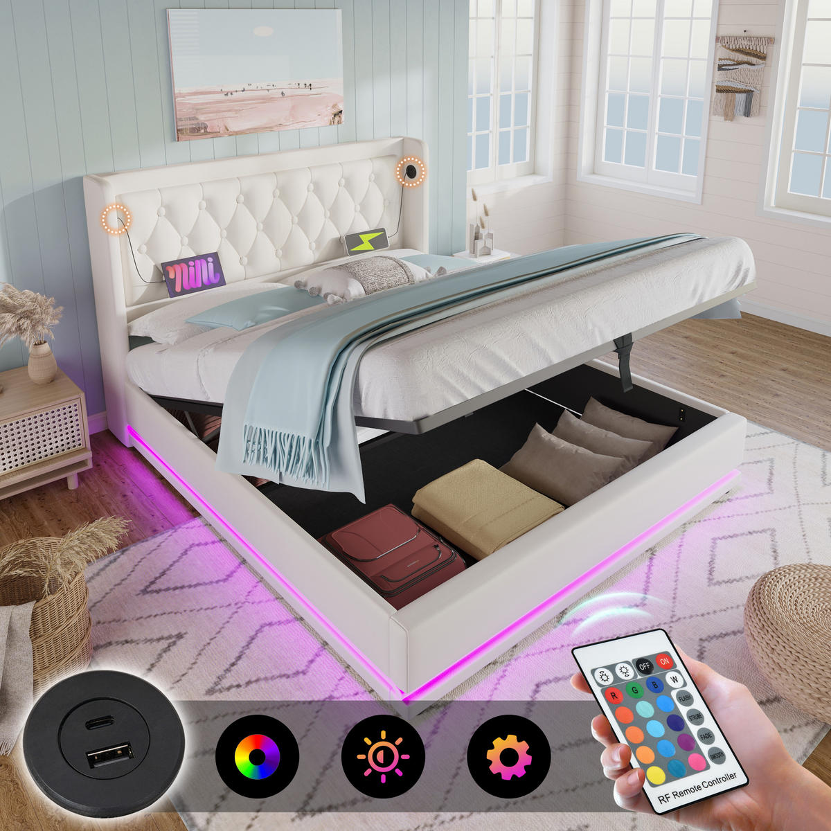 POLSTERBETT 160/200 cm mit LED, USB Typ-C und hydraulischem Bettkasten, PU,und Matratze, Weiß - Weiß, Kunststoff (160/200cm) - Redom