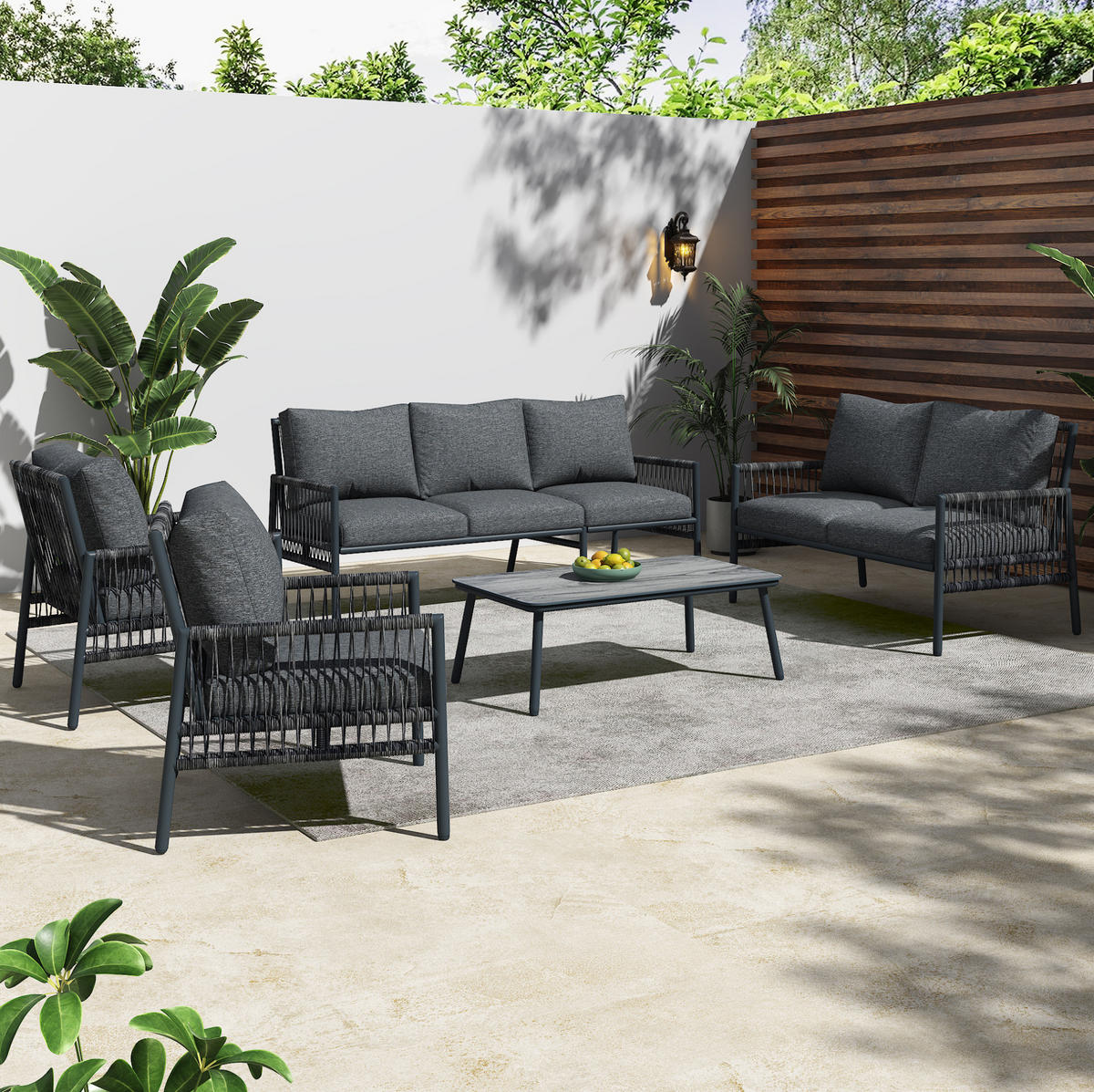 LOUNGE-SET 173/54/77 cm grau aus PE-Rattan mit Tisch und waschbaren Kissen - Grau, Metall - OKWISH