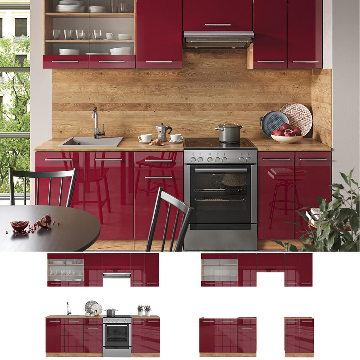 KÜCHENZEILE Fame-Line Bordeaux Hochglanz/Goldkraft Eiche 240 cm AP Marmor - Honigeiche/Bordeaux, Holzwerkstoff (240/81.6/60cm) - Vicco