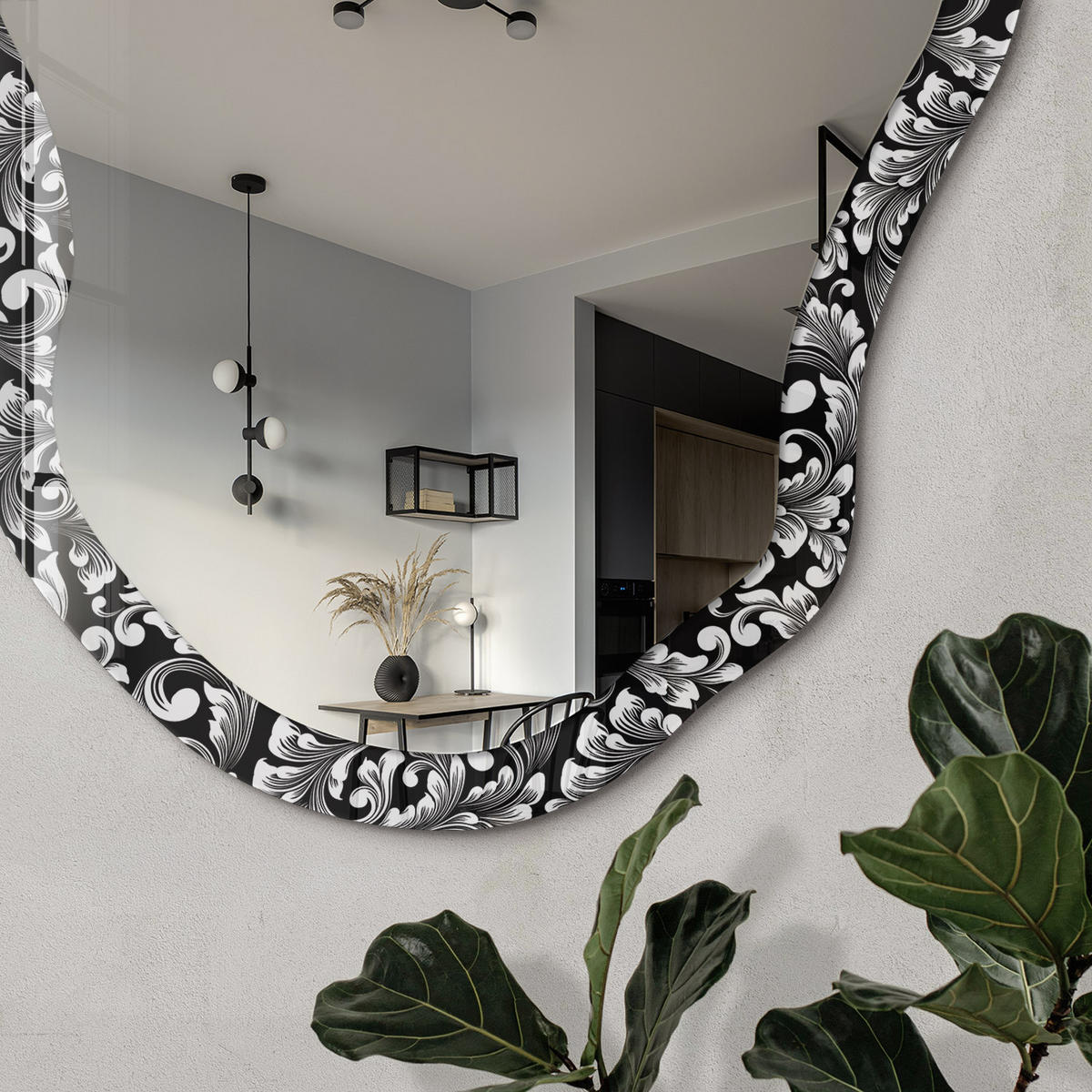 SPIEGEL 90x45 cm asymmetrisch mit Druck - Klassischer Schmuck - Transparent, Glas (45/90/0.4cm) - TULUP
