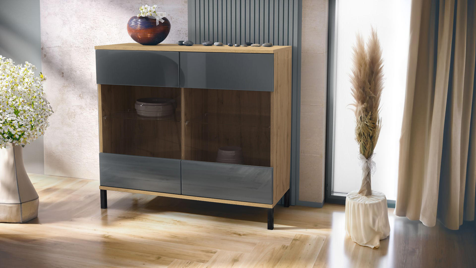 KOMMODE Bari Grau Hochglanz - Grau, Holzwerkstoff (92.5/83.5/35cm) - Vladon