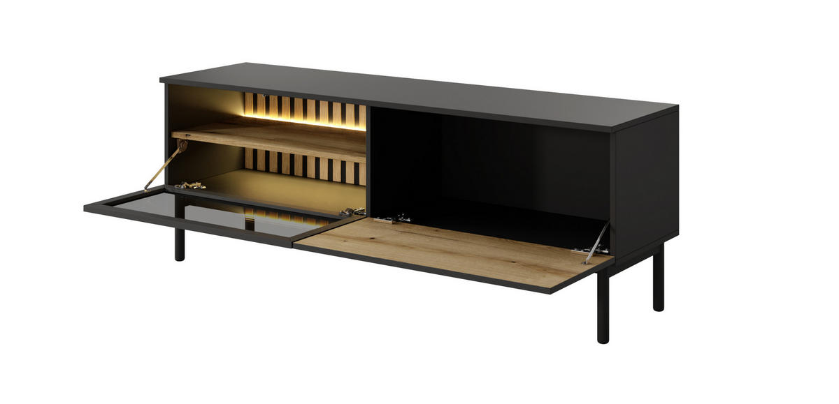 TV-SCHRANK Lango 150 Schwarz mit Eiche Evoke, Tv-Tisch mit Led-Beleuchtung - Hellbraun/Schwarz, Glas/Holzwerkstoff (150/55/39cm) - Bettso