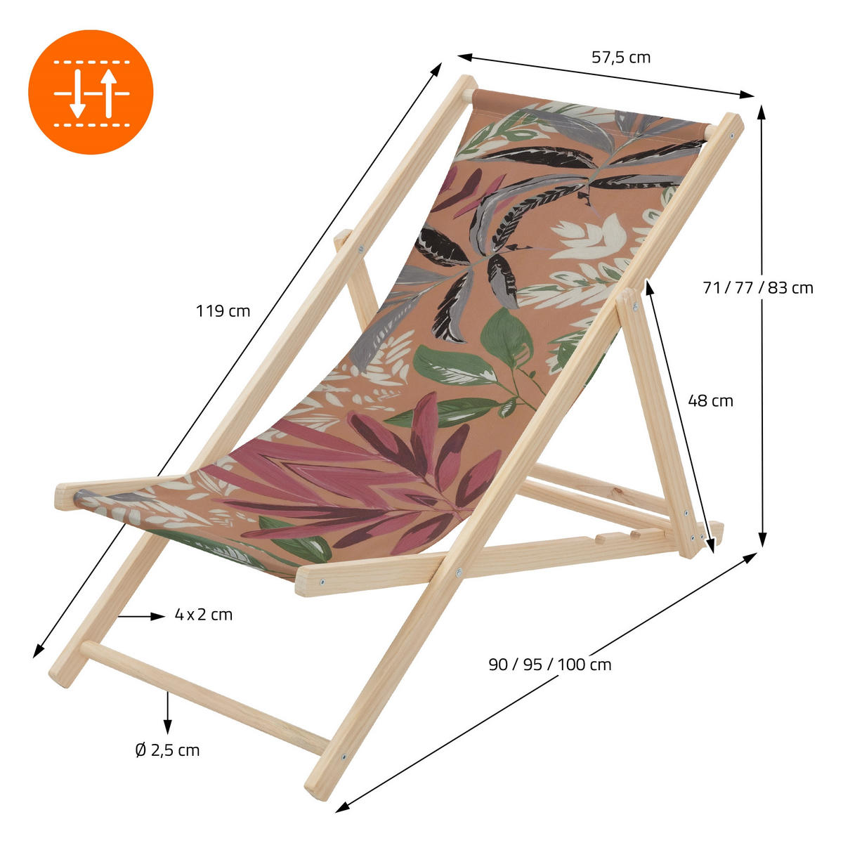 LIEGESTUHL 2er Set Floral Braun-Rot-Grün - Braun, Holz (57.5/83/100cm) - ECD-Germany