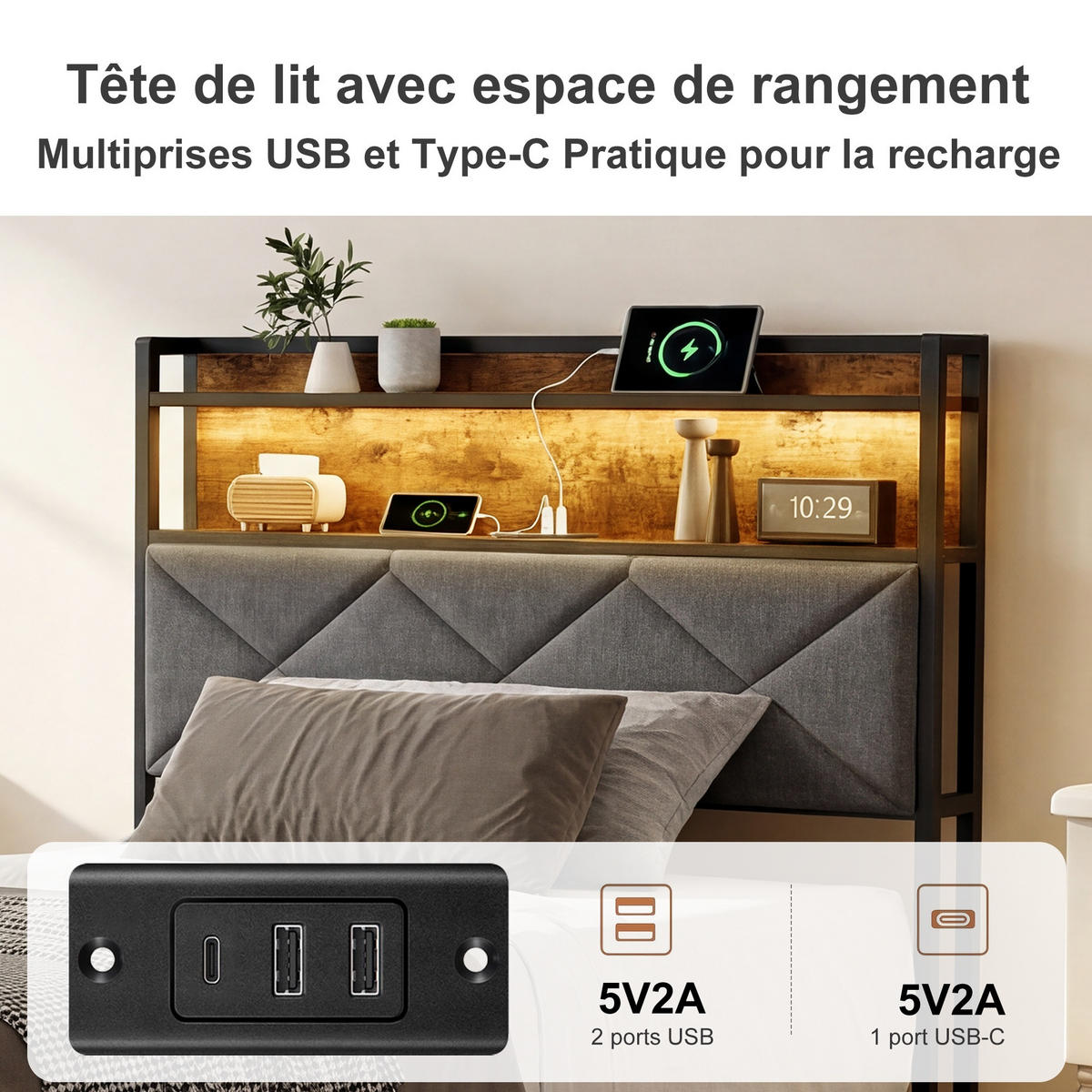 EINZELBETT 90x200 cm mit LED-Kopfteil und USB-Anschlüssen - Gestell aus Metall und Walnussholz, Lattenrost, Jugendbett - Naturfarben, Holzwerkstoff (90/200cm) - Brevoria
