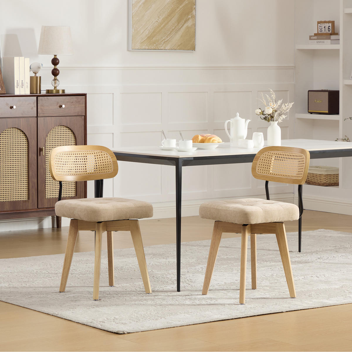 ESSZIMMERSTUHL 2er Set 360° drehbar, Wiener Geflecht, Chenille, Massivholz, Hellbraun - Hellbraun/Eichefarben, Holz/Textil (43/77/50cm) - LVHOM