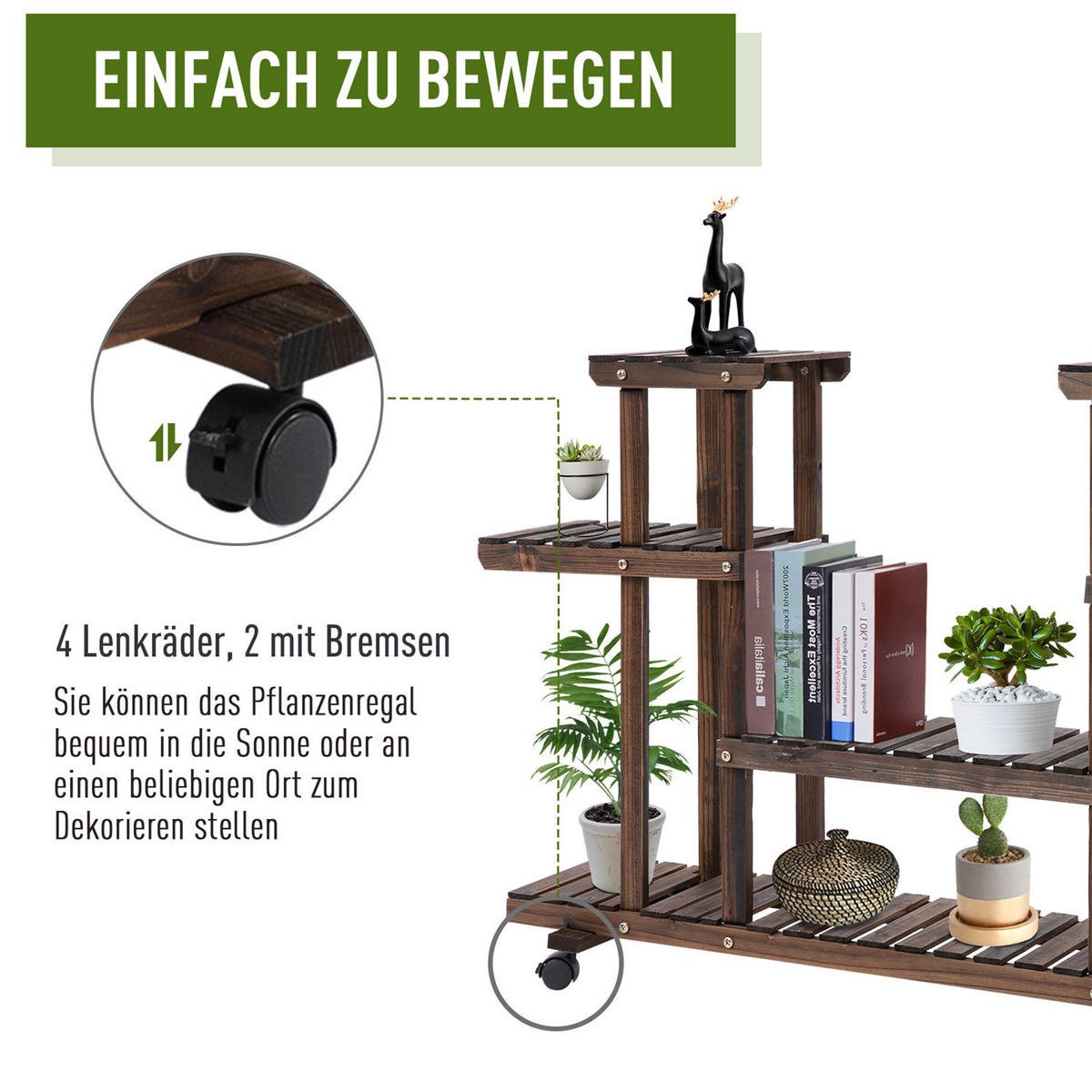 PFLANZENREGAL Massivholz 4 Ebenen Blumenregal verkohlt - Dunkelbraun, Holz (123.5/80/33cm) - Kaket