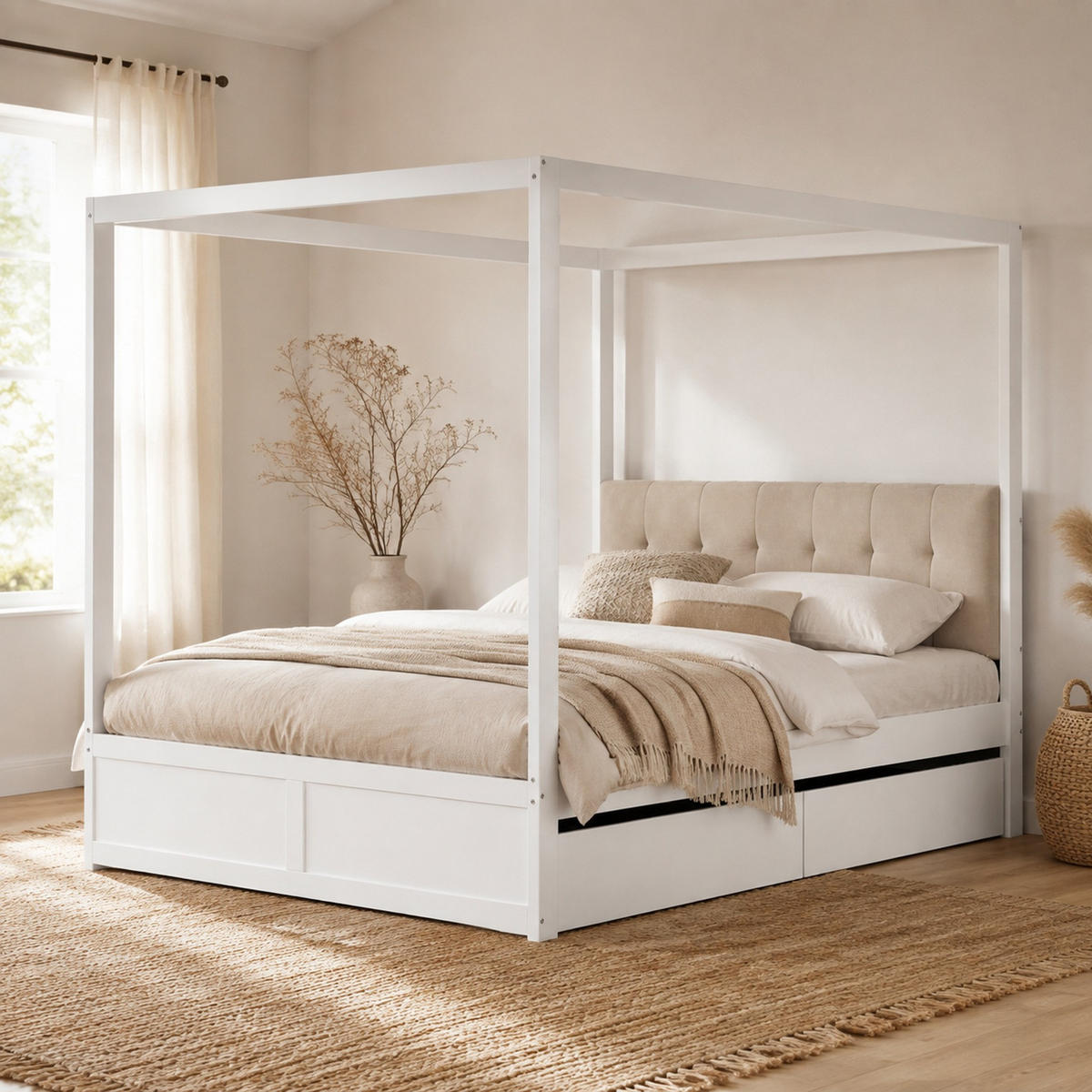 JUGENDBETT 140/200 cm in Weiß mit 2 Schubladen und gepolsterter Rückenlehne - Weiß, Holz/Holzwerkstoff (140/200cm) - CHICFURN