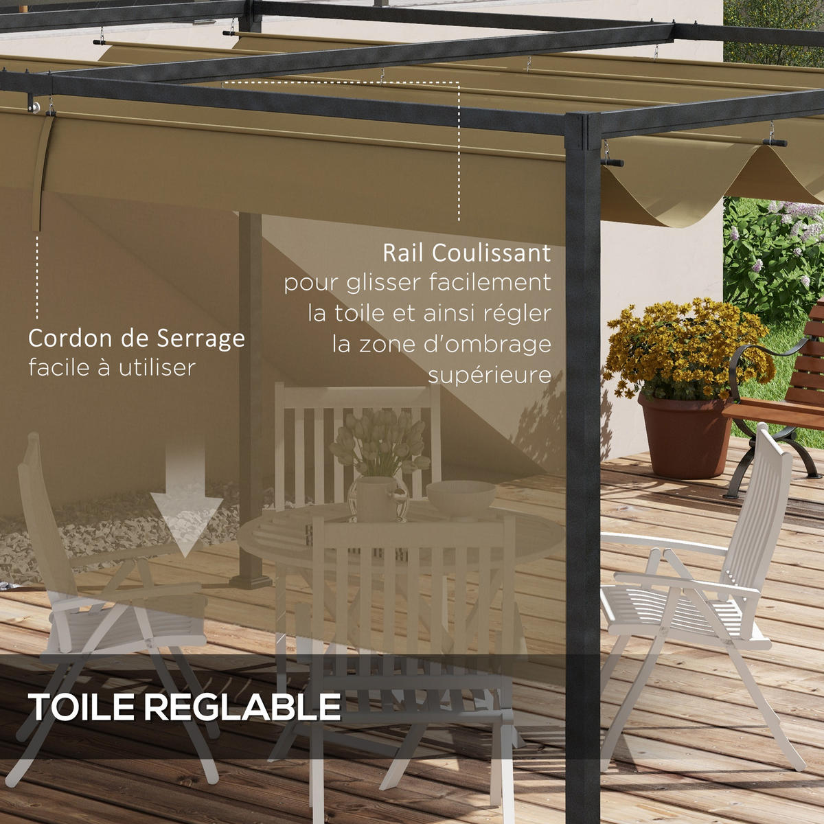 PERGOLA DE-12639 300/200 cm ausziehbar 180 g/m² Kaki - Mokka, Metall (213/221/298cm) - ComfortXL