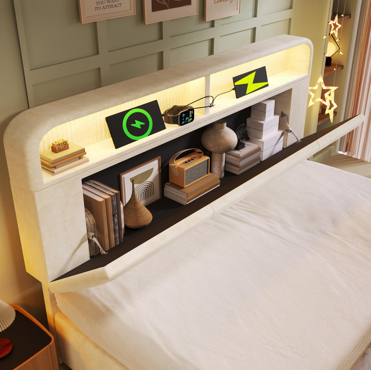 BETT mit Stauraum 140x190 cm Samt Beige mit LED und USB - Beige, Metall (140/190cm) - Meubliv