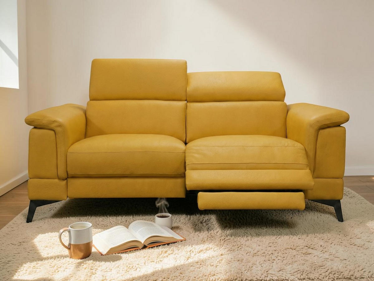 3-SITZER Sofa Planet Echtleder mit 1 x Relaxfunktion Senfgelb - Gelb, Leder/Metall (200/80/110cm)