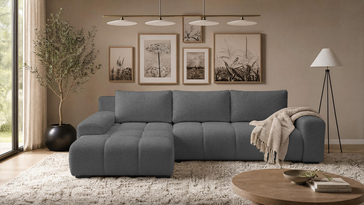 ECKSOFA Ovia mit Bettkasten und Schlaffunktion, Bouclé-Stoff in L-Form - Dunkelgrau, Textil (270/185cm)