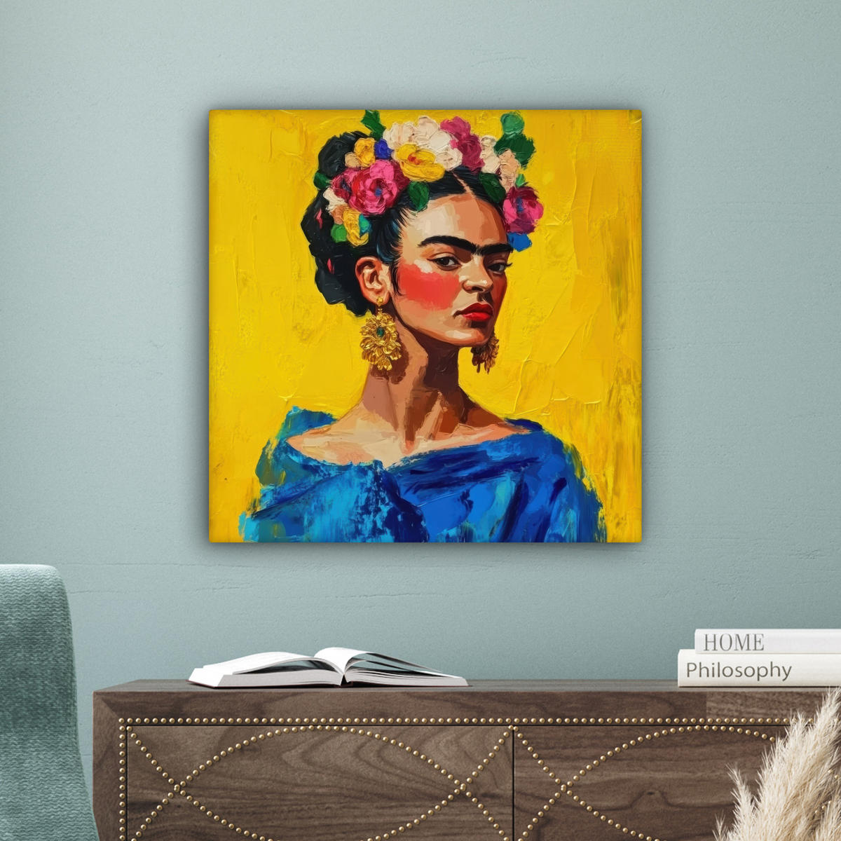 LEINWANDBILD Frida Kahlo - Frau - Gelb - Blau - Blumen 50x50 cm - Gelb, Textil (50/50cm) - MuchoWow