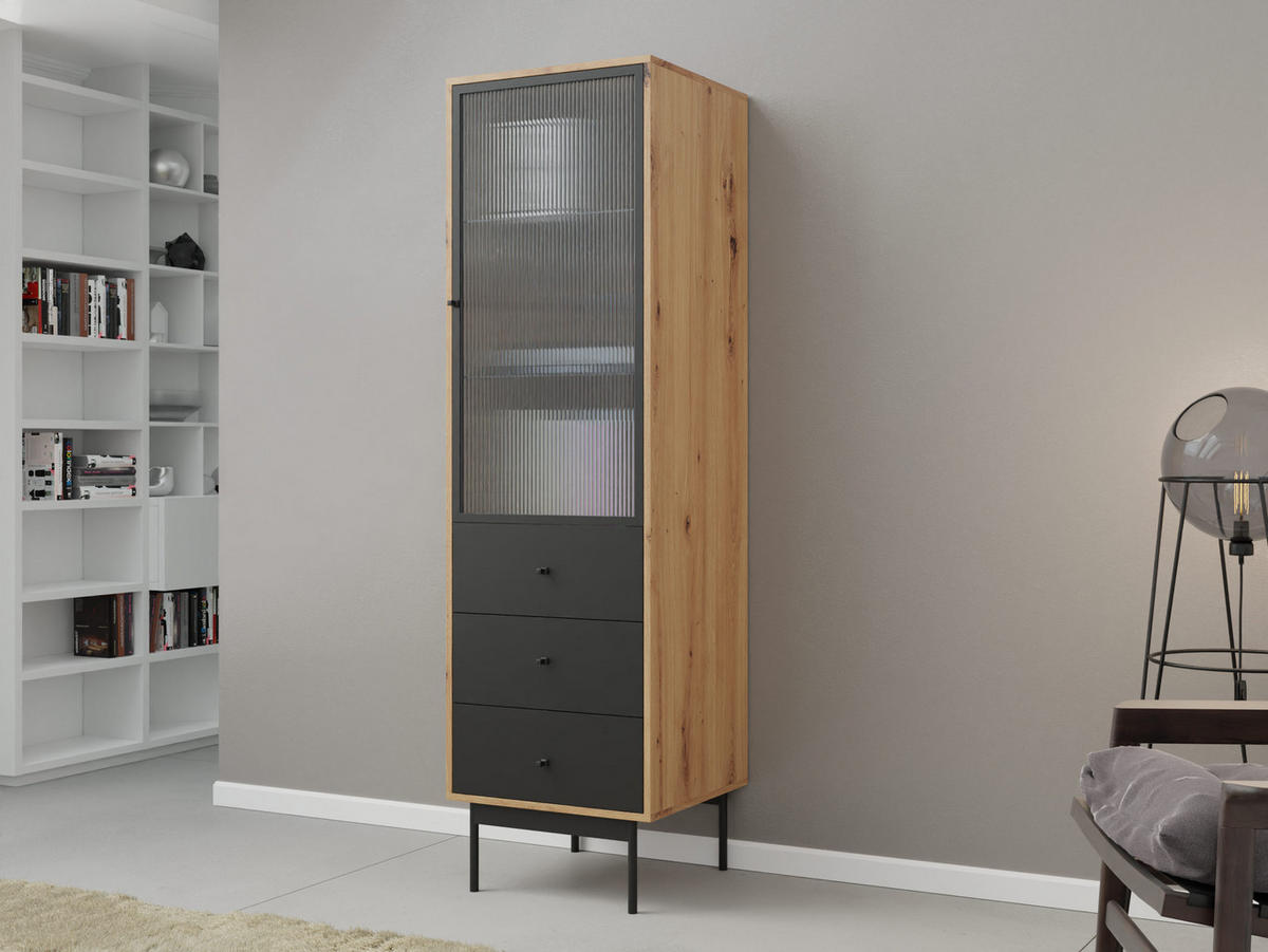 VITRINE Bartise, mit weißer LED Beleuchtung - Schwarz/Braun, Holzwerkstoff/Metall (52/180/48cm) - MIRJAN24