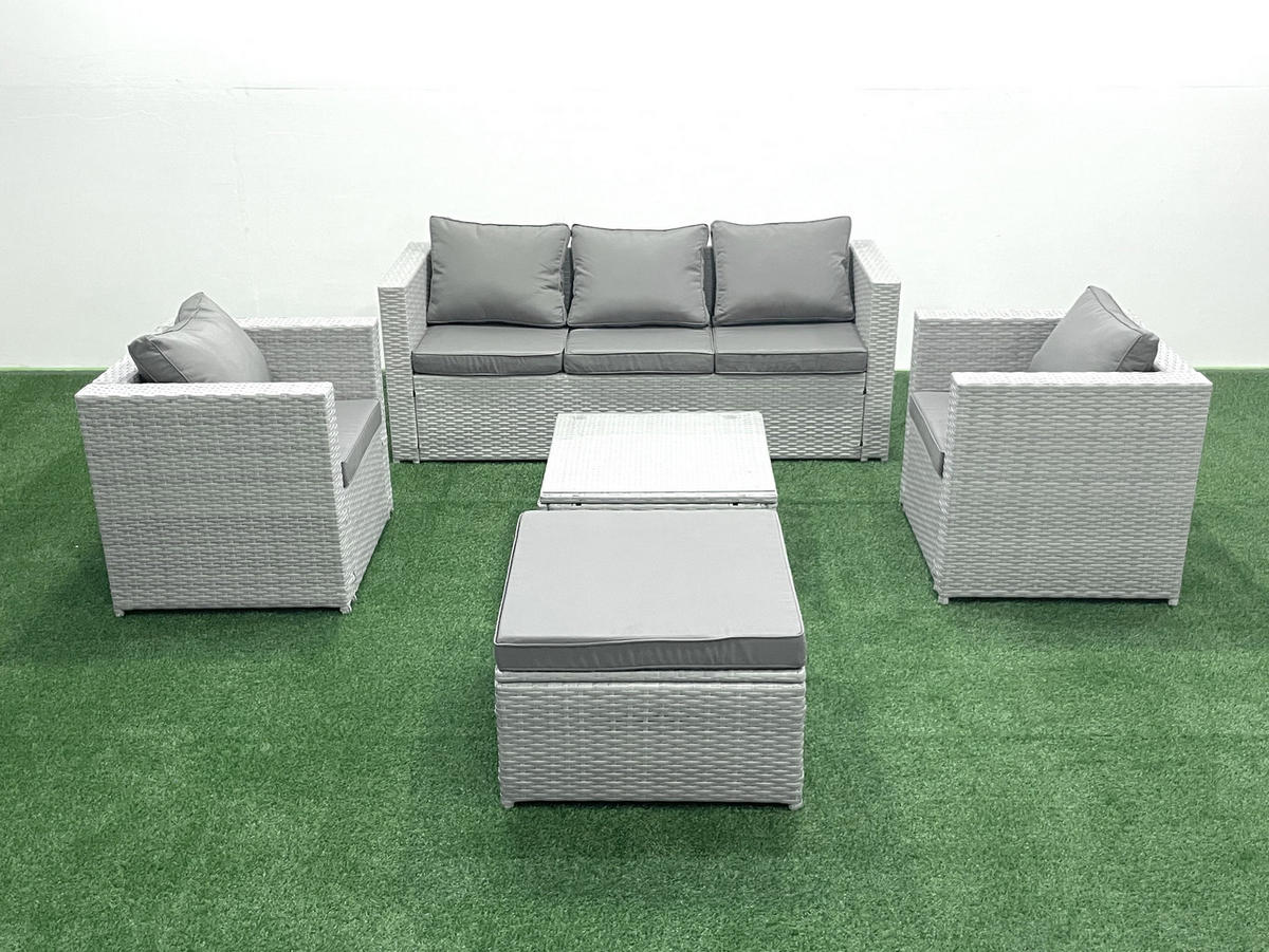 GARTENMÖBEL-SET mit Kissen Polyrattan Hellgrau-Mix 6-Sitzer - Hellgrau/Grau, Glas/Kunststoff - Fimous
