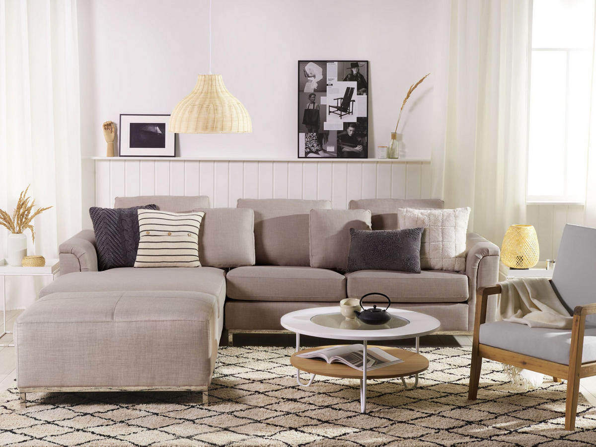 5-SITZER-ECKSOFA linksseitig mit Ottomane Polyester Beige Oslo - Beige, Textil (270/151cm) - Beliani
